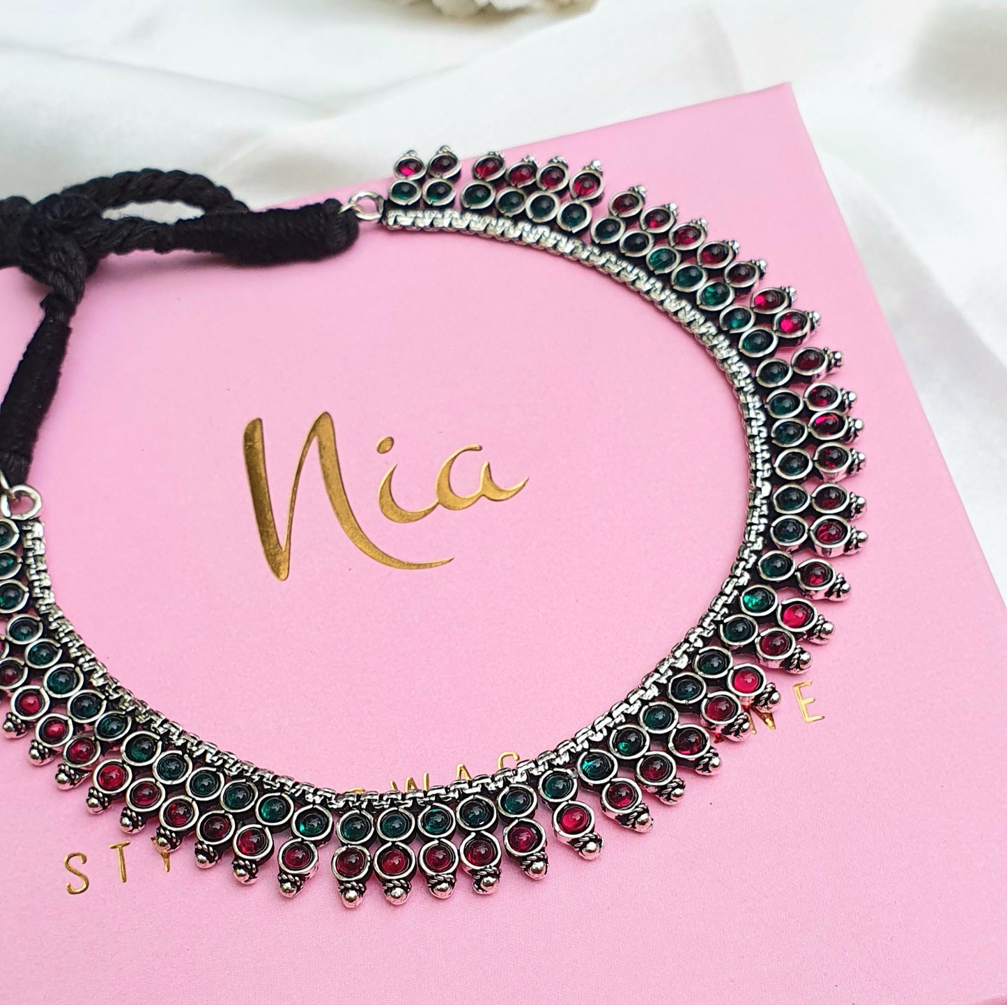 Classic Oxidised Ruby Emerald Necklace Set
