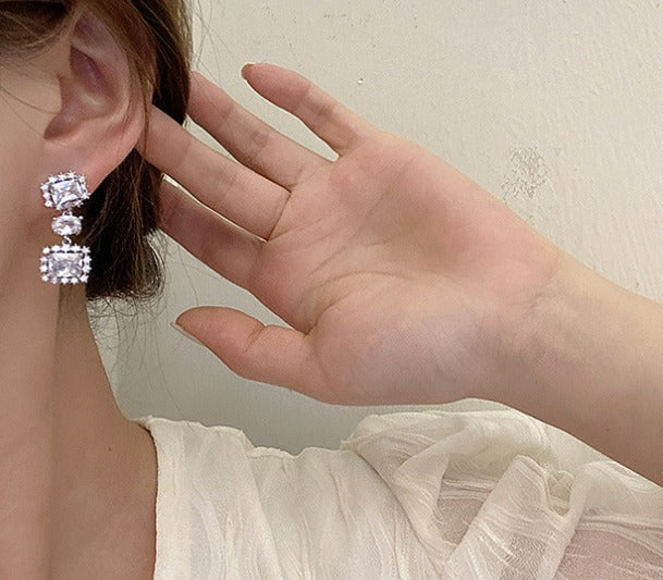 Silver Princess Cut Drop Earring